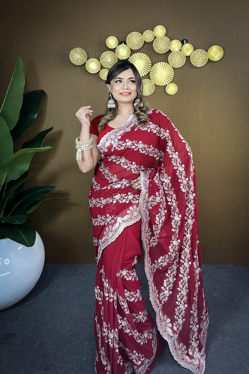 Red -Maroon High quality Siroski Glass Stone Silk Blend Mixed Chiffon Georgette Saree